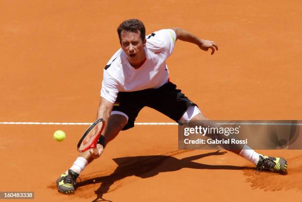 Philipp Kohlschreiber of Germany hits the ball during the first match of the series between Argentina and Germany in the first round of Davis Cup at...