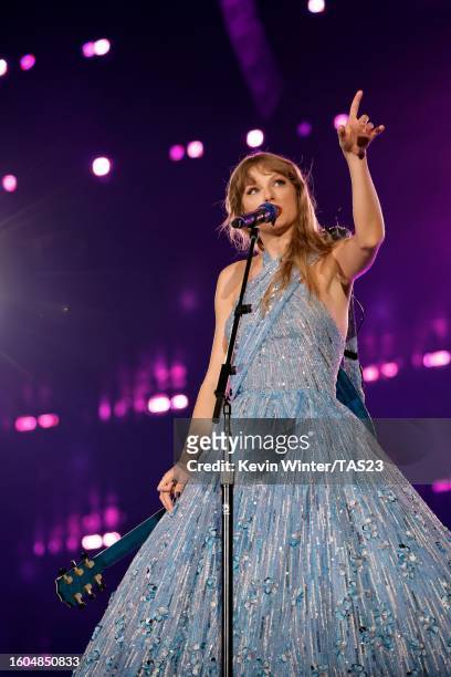 Taylor Swift performs onstage during "Taylor Swift | The Eras Tour" at SoFi Stadium on August 09, 2023 in Inglewood, California.