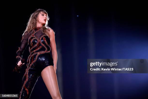 Taylor Swift performs onstage during "Taylor Swift | The Eras Tour" at SoFi Stadium on August 09, 2023 in Inglewood, California.