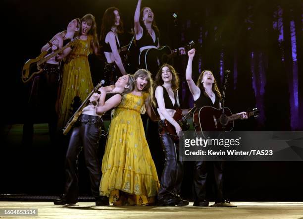 Este Haim, Taylor Swift, Danielle Haim and Alana Haim perform onstage during "Taylor Swift | The Eras Tour" at SoFi Stadium on August 09, 2023 in...