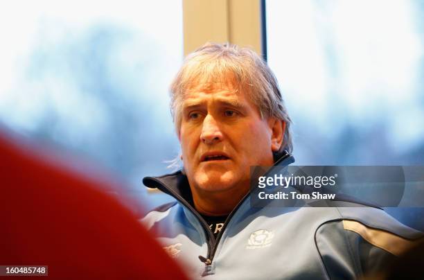 Scotland coach Scott Johnson talks to the press during the Scotland Press Conference the Runnymede-on Thames Hotel at Runnymede on February 1, 2013...