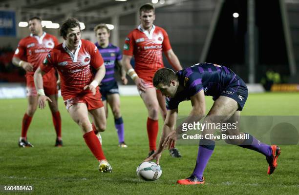 Iain Thornley of Wigan Warriors scores the fourth try during the Super League match between Salford City Reds and Wigan Warriors at Salford City...