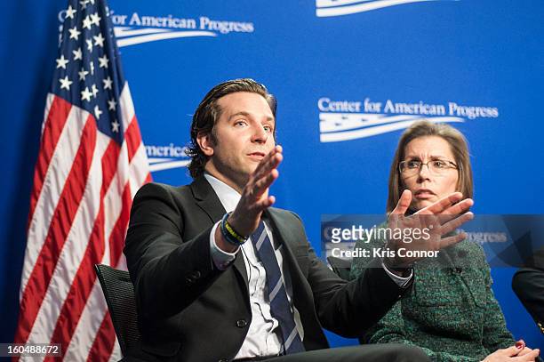 Actor Bradley Cooper and Barbara Van Dahlen, founder of Give an Hour, speaks during the "Silver Lining Playbook" mental health progress press...