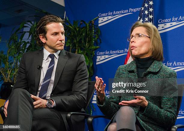 Actor Bradley Cooper and Barbara Van Dahlen, founder of Give an Hour, speaks during the "Silver Lining Playbook" mental health progress press...