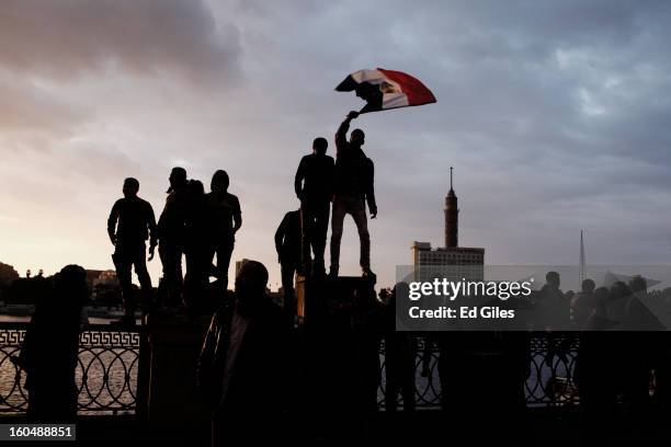 Egyptian protesters stand on a fence by the River Nile during a protest against Egyptian President Mohammed Morsi near Tahrir Square on February 1,...