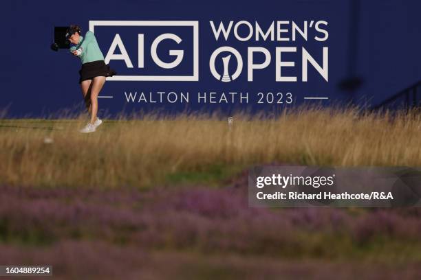 Gaby Lopez of Mexico tees off on the 1st hole on Day One of the AIG Women's Open at Walton Heath Golf Club on August 10, 2023 in Tadworth, England.