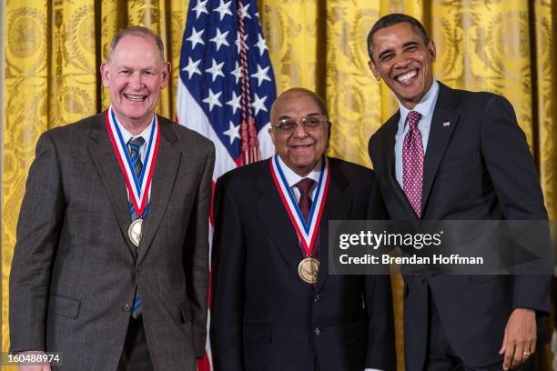 President Barack Obama awards the National Medal of Technology and Innovation to Rangaswamy Srinivasan and James Wynne in a ceremony at the White...