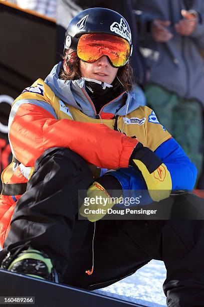 Luke Mitrani looks on during practice as he finished third in the FIS Snowboard Halfpipe World Cup at the Sprint U.S. Grand Prix at Park City...