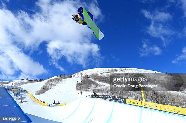 Dimi de Jong of the Netherlands competes in the FIS Snowboard Halfpipe World Cup at the Sprint U.S. Grand Prix at Park City Mountain on February 1,...
