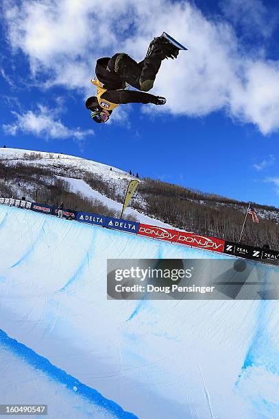 Taylor Gold competes in the FIS Snowboard Halfpipe World Cup Final at the Sprint U.S. Grand Prix at Park City Mountain on February 1, 2013 in Park...