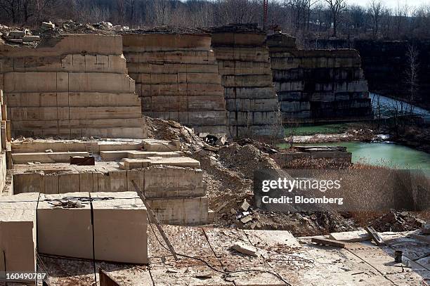 Cut blocks of sandstone wait to extracted from the sandstone quarry at the Cleveland Quarries facility in Vermilion, Ohio, U.S., on Friday, Feb. 1,...