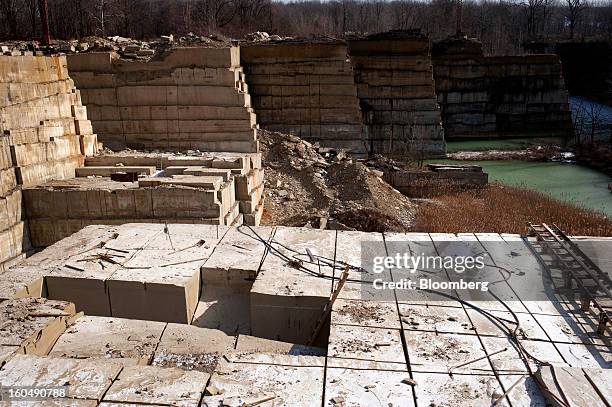 Cut blocks of sandstone wait to extracted from the sandstone quarry at the Cleveland Quarries facility in Vermilion, Ohio, U.S., on Friday, Feb. 1,...