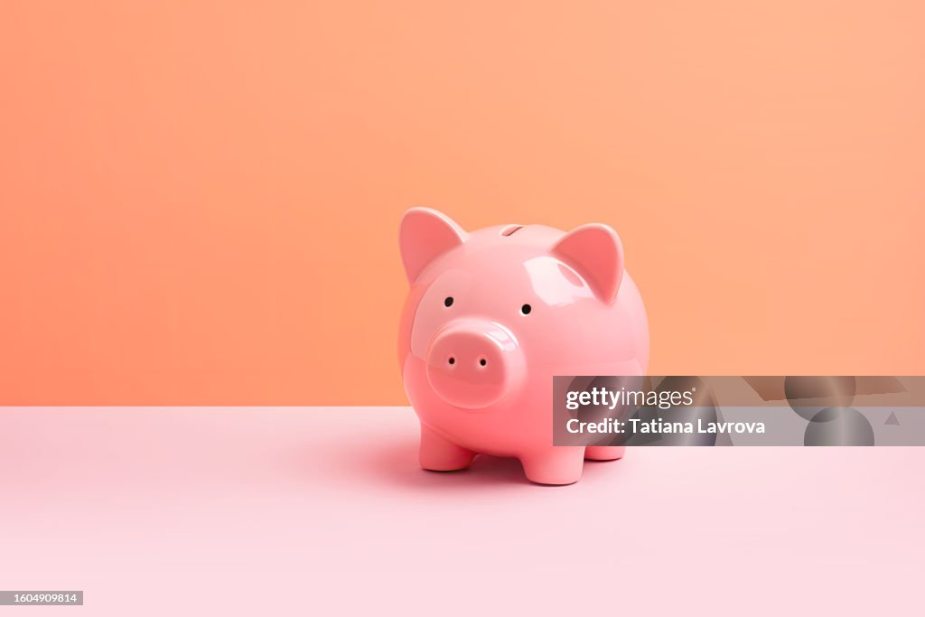 Pink piggybank on pastel background with copy space. Finance, technology, business analysis concept