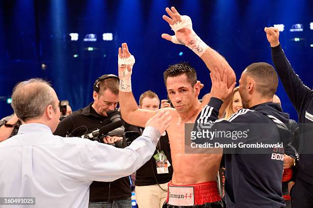 Felix Sturm of Germany reacts after his IBF Middleweight Eliminator fight against Sam Soliman of Australia at ISS Dome on February 1, 2013 in...