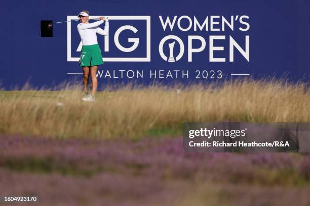 Charley Hull of England tees off on the 1st hole on Day One of the AIG Women's Open at Walton Heath Golf Club on August 10, 2023 in Tadworth, England.