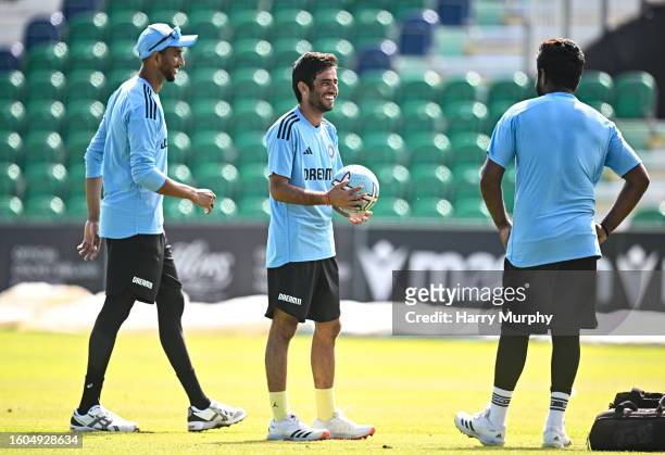 Dublin , Ireland - 17 August 2023; Ravi Bishnoi during a India Cricket squad training session at Malahide Cricket Club in Dublin.