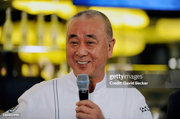 Chef Nobu Matsuhisa speaks during a preview for the Nobu Restaurant and Lounge Caesars Palace on February 1, 2013 in Las Vegas, Nevada. The Nobu...