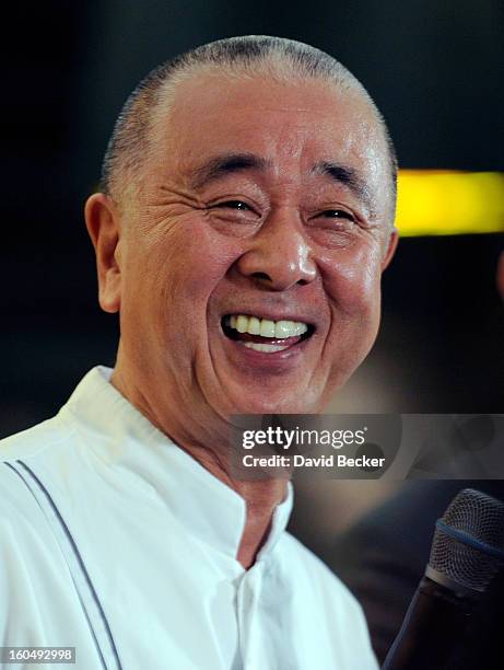 Chef Nobu Matsuhisa speaks during a preview for the Nobu Restaurant and Lounge Caesars Palace on February 1, 2013 in Las Vegas, Nevada. The Nobu...