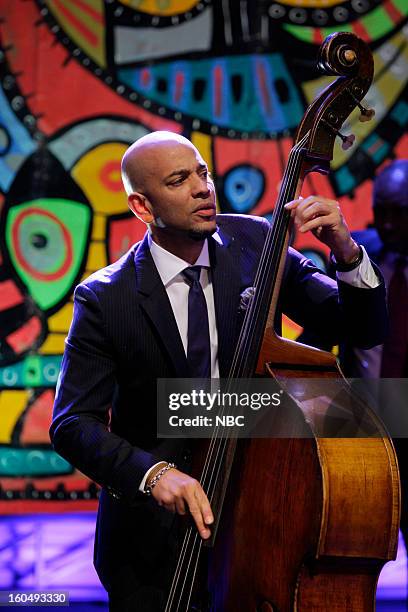 Episode 4400 -- Pictured: Musical guests Branford Marsalis Quartet perform -Eric Revis on February 1, 2013 --