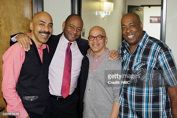 Episode 4400 -- Pictured: Kevin Ricard, Musical guest Branford Marsalis, bandleader Rickey Minor, Wayne Linsey backstage on February 1, 2013 --