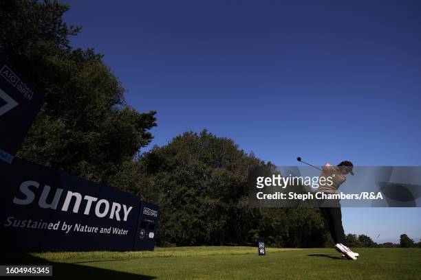 Yuka Saso of Japan tees off on the 7th hole on Day One of the AIG Women's Open at Walton Heath Golf Club on August 10, 2023 in Tadworth, England.