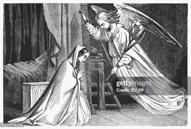 annunciation to mary (luke 1, 26-38), wood engraving, published 1837 - archangel gabriel stock illustrations