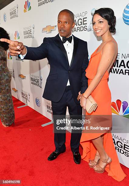 Actor Jamie Foxx and guest arrive at the 44th NAACP Image Awards held at The Shrine Auditorium on February 1, 2013 in Los Angeles, California.