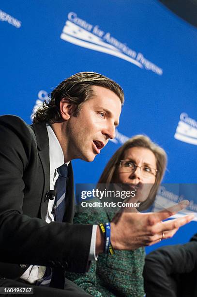 Actor Bradley Cooper speaks during the "Silver Lining Playbook" mental health progress press conference at Center For American Progress on February...