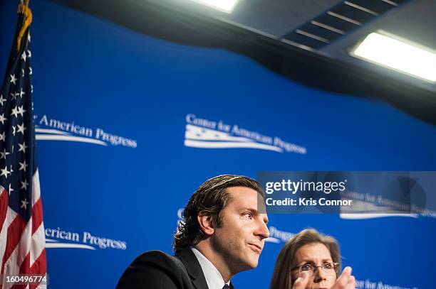 Actor Bradley Cooper speaks during the "Silver Lining Playbook" mental health progress press conference at Center For American Progress on February...