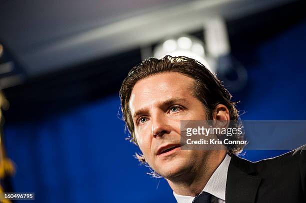 Actor Bradley Cooper speaks during the "Silver Lining Playbook" mental health progress press conference at Center For American Progress on February...