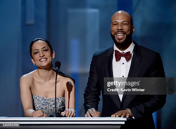 Actors Archie Panjabi and Common speak onstage during the 44th NAACP Image Awards at The Shrine Auditorium on February 1, 2013 in Los Angeles,...