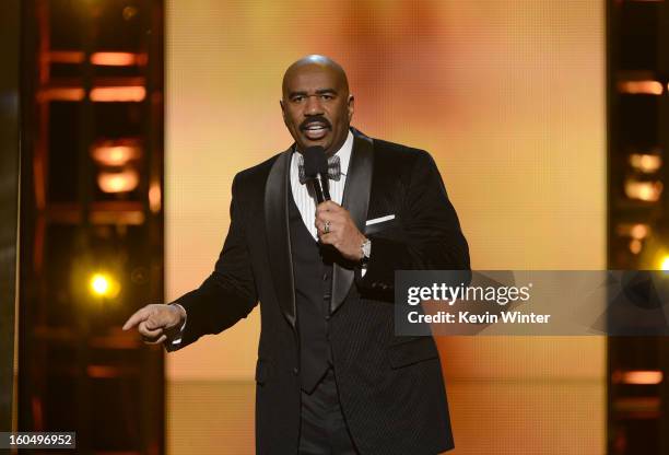 Host Steve Harvey speaks onstage during the 44th NAACP Image Awards at The Shrine Auditorium on February 1, 2013 in Los Angeles, California.