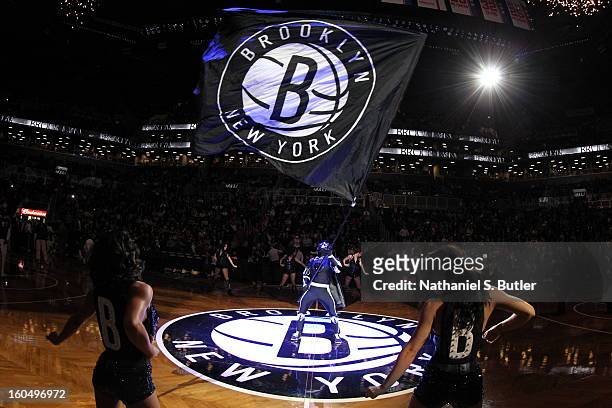 The Brooklyn Knight gets the crowd into the game before the game against the Chicago Bulls on February 1, 2013 at the Barclays Center in the Brooklyn...