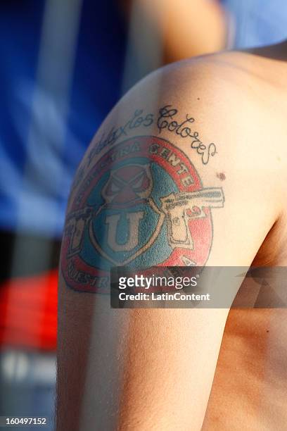 Detail of a fan of Universidad de Chile during a match between Universidad de Chile and Audax Italiano as part of the Torneo Transición 2013 at Santa...
