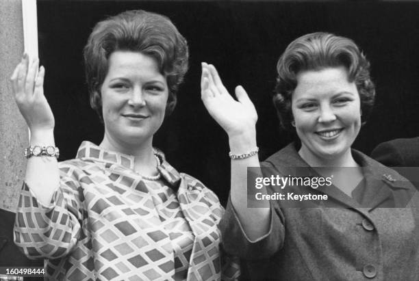 Crown Princess Beatrix of the Netherlands and her sister Princess Irene during celebrations for the Queen's birthday, April 1961.