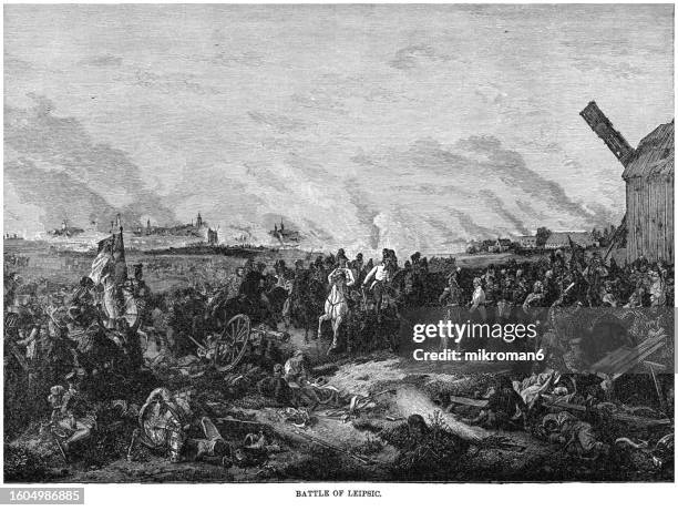 old engraved illustration of battle of leipzig or battle of the nations (16 to 19 october 1813) - leipzig saxony stock pictures, royalty-free photos & images