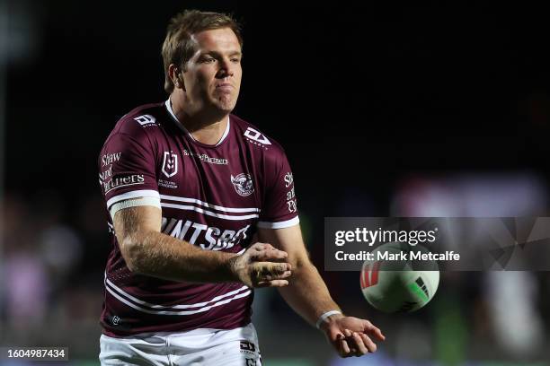 Jake Trbojevic of the Sea Eagles warms up during the round 24 NRL match between Manly Sea Eagles and Penrith Panthers at 4 Pines Park on August 10,...