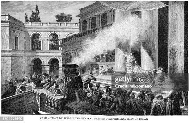 old engraved illustration of mark antony delivering the funeral oration over the dead body of caesar - congressman stock pictures, royalty-free photos & images