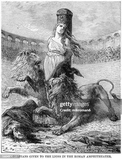 old engraved illustration of christians given to the lions in the in  roman amphitheater - crime punishment stock pictures, royalty-free photos & images