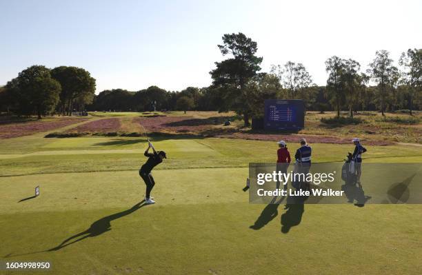 Carlota Ciganda of Spain plays her tee shot on the 5th hole on Day One of the AIG Women's Open at Walton Heath Golf Club on August 10, 2023 in...
