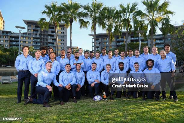 The Wallabies pose for a team photo during the Australia Wallabies Rugby World Cup Squad Announcement at Darwin Waterfront on August 10, 2023 in...