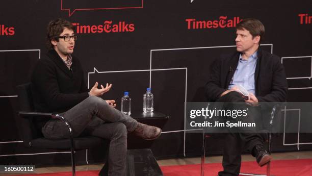 Singer Josh Groban and editor of the New York Times Hugo Lindgren attends New York Times TimesTalks Presents: Josh Groban at TheTimesCenter on...