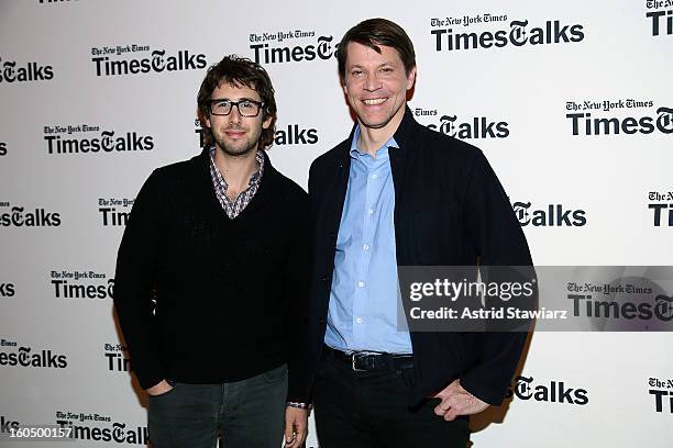 Josh Groban and New York Times Magazine editor Hugo Lindgren attend New York Times TimesTalks Presents: Josh Groban at TheTimesCenter on February 1,...