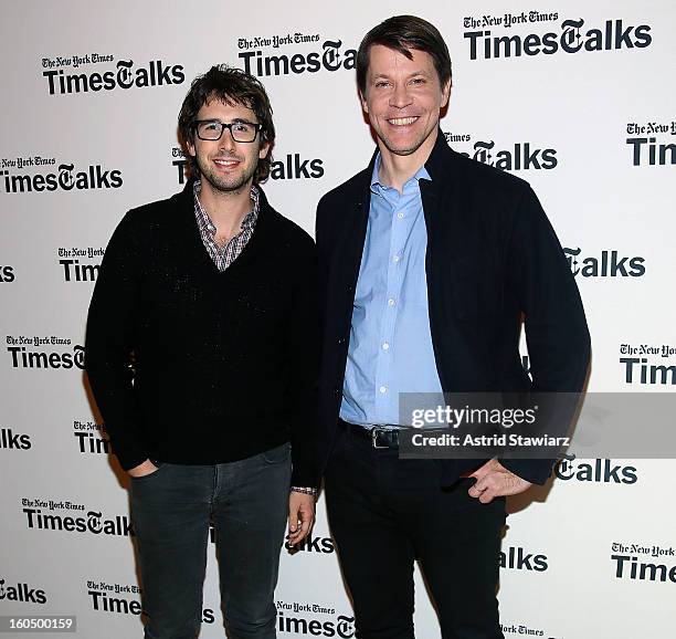 Josh Groban and New York Times Magazine editor Hugo Lindgren attend New York Times TimesTalks Presents: Josh Groban at TheTimesCenter on February 1,...