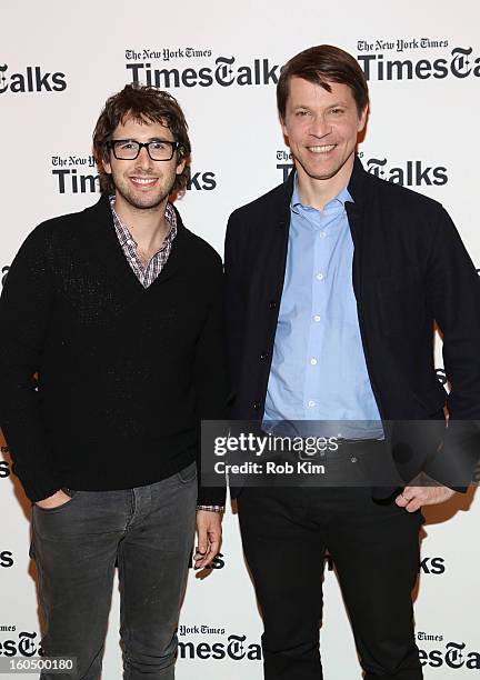 Josh Groban and Hugo Lindgren, editor of The New York Times Magazine, attend New York Times TimesTalks Presents: Josh Groban at TheTimesCenter on...