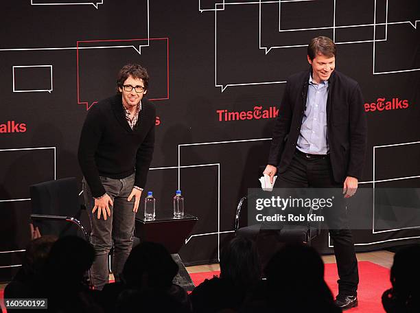 Josh Groban and Hugo Lindgren, editor of The New York Times Magazine, attend New York Times TimesTalks Presents: Josh Groban at TheTimesCenter on...