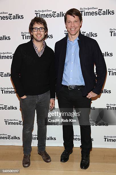 Josh Groban and Hugo Lindgren, editor of The New York Times Magazine, attend New York Times TimesTalks Presents: Josh Groban at TheTimesCenter on...