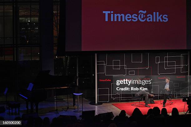 Josh Groban and Hugo Lindgren, editor of The New York Times Magazine, attend New York Times TimesTalks Presents: Josh Groban at TheTimesCenter on...