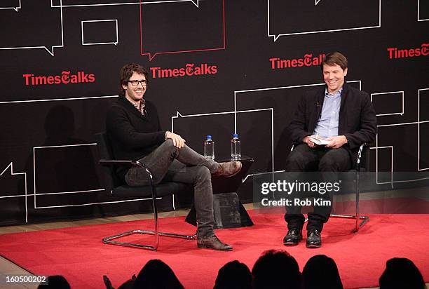 Josh Groban and Hugo Lindgren, editor of The New York Times Magazine, attend New York Times TimesTalks Presents: Josh Groban at TheTimesCenter on...