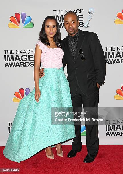 Honoree Kerry Washington and actor Columbus Short pose in the press room during the 44th NAACP Image Awards at The Shrine Auditorium on February 1,...